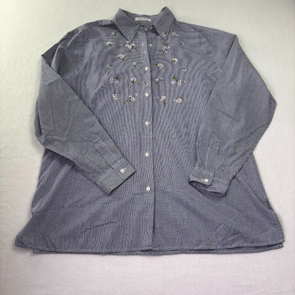 Foxcraft‎ Women's Size 12 Button Down Blouse Gingham W/ Embroidery Daisy Flower